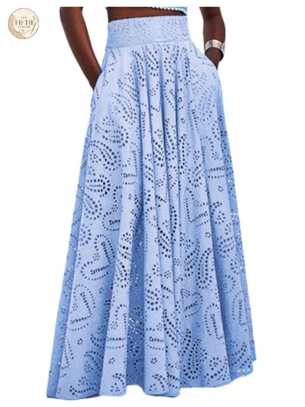Women Eyelet Embroidered Maxi Skirt A-Line Pleated Flowy Long Skirt